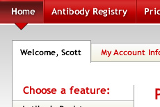Antibody Registry site home page once logged in